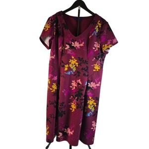 Apt. 9 Womens XXL Burgundy Floral V-Neck Short Sleeve A-Line Dress